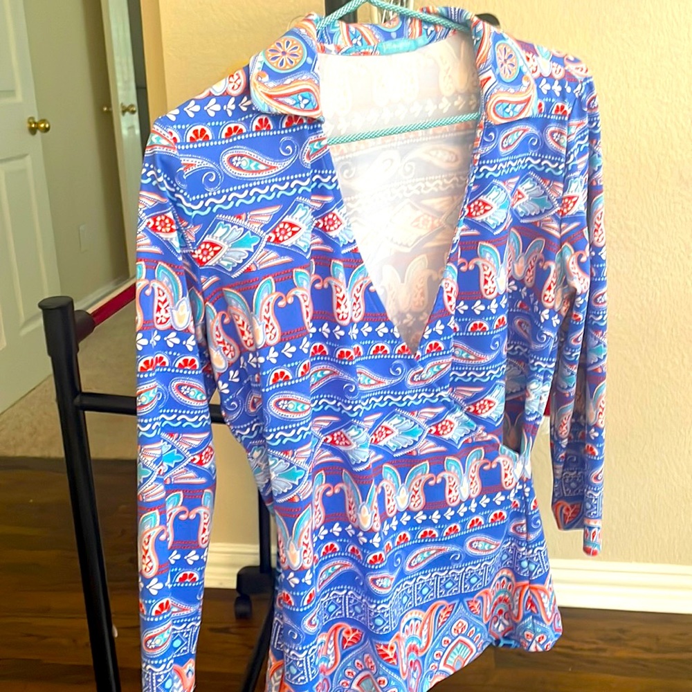 J. McLAUGHLIN TOP COLLAR, FAUX-WRAP, 3/4 SLEEVE V-NECK Size XS